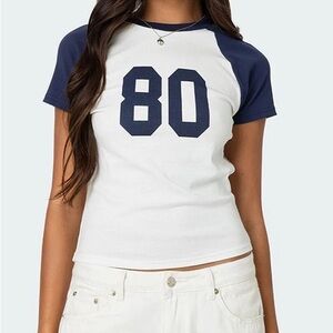 Edikted White and Blue Fitted Raglan Tee